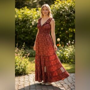 Chic Red Patterned Maxi Dress